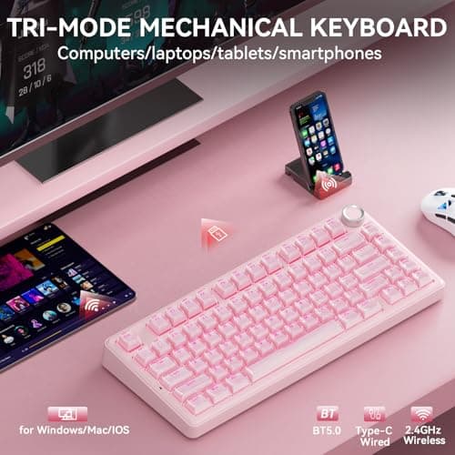 SOLAKAKA A75 Wireless Gaming Keyboard with Multifunction Knob, BT5.0/2.4GHz/USB-C, 75% Mechanical Keyboard, Hot-Swappable, Gasket Creamy Keyboard with RGB Backlit, Crystal Keycaps, for PC/Mac/PC - Thumbnail 3