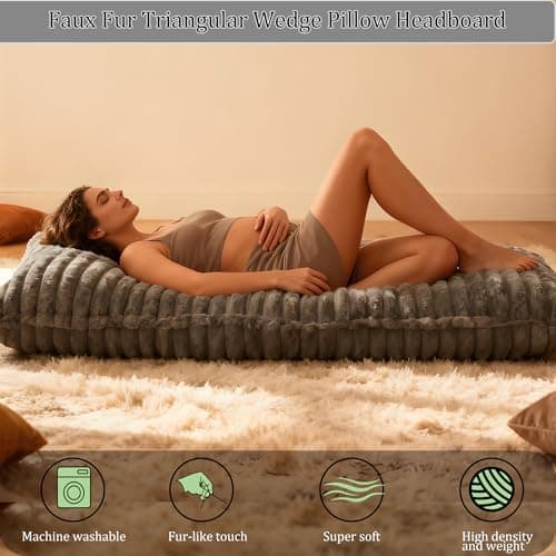 Headboard Pillow Twin, Triangular Wedge Pillow Headboard Faux Fur Backrest Pillows for Sitting in Bed,Reading or Working with 2 Pack Neck Bloster Pillows Removable Cover (Grey, Twin: 39x8x20 Inches) - Thumbnail 4