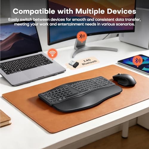 MOKURU Wireless Ergonomic Keyboard, Split Keyboard with Wrist Rest, Full Size 2.4G BT Computer Keyboard, Compatible with Windows, Mac OS, PC Computer/Laptop (Black) - Thumbnail 3