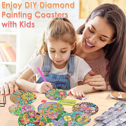 ijbnhd Flowers Diamond Art Coasters Kits for Adults, 8 Pieces Flowers Diamond Painting Coasters with Holder for Beginners 4X4inch (Cork Wooden Pad) - Thumbnail 4