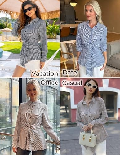 GRACE KARIN Peplum Tops for Women Tie Front Striped Button Down Shirt Collared Long Sleeve Business Casual Work Office Blouse Orange - Thumbnail 2