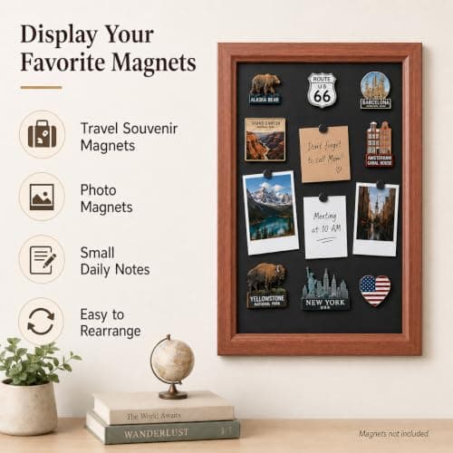 Magnetic Board for Wall 11.8" x 17.7",Magnet Display Board with 6 Background Papers,Wooden Frame Bulletin Boards No-Drill Wall Decor,Renter Friendly,Travel Souvenirs,Home Decor for Living Bedroom Dorm - Thumbnail 3