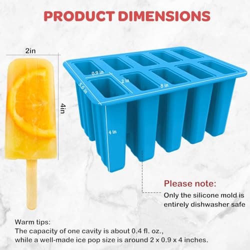 Miaowoof Homemade Popsicle Molds, 10-Cav Non-BPA Silicone Ice Pop Maker, with 50 Sticks, 50 Bags, 10 Reusable Sticks, Funnel, Brush and Ice Pop Recipe (Blue) - Thumbnail 4