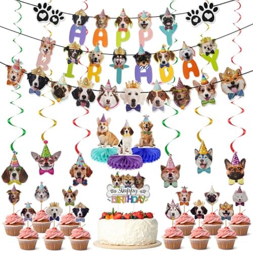 27Pcs Dog Birthday Party Decoration Supplies,Dog Themed Party Supplies Include Kitten Party Birthday Banner Hanging Swirls & Honeycomb Centerpieces & Cake Cupcake Toppers for Dog Faces for Pet Kid - Image 1