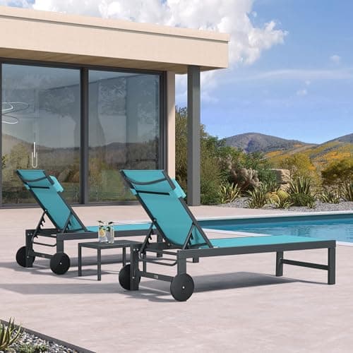 PURPLE LEAF Patio Lounge Chair Set of 3 Outdoor Chaise Lounger Aluminum Frame with Side Table and Wheels for Pool Outside Sunbathing Tanning Recliner Including Pillows Turquoise Blue - Thumbnail 3