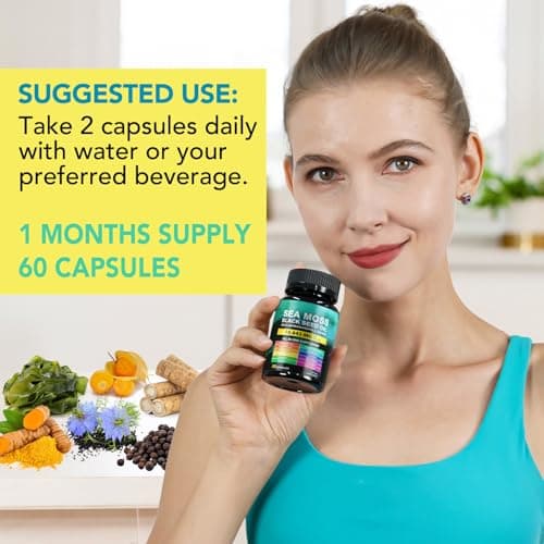 Sea Moss Black Seed Oil Ashwagandha Turmeric Bladderwrack Burdock Root Capsule with Chlorophyll,Elderberry,Manuka,Dandelion,Ginger,Vitamin C Vitamin D3,Immunity & Energy Support, 60 Counts - Thumbnail 6