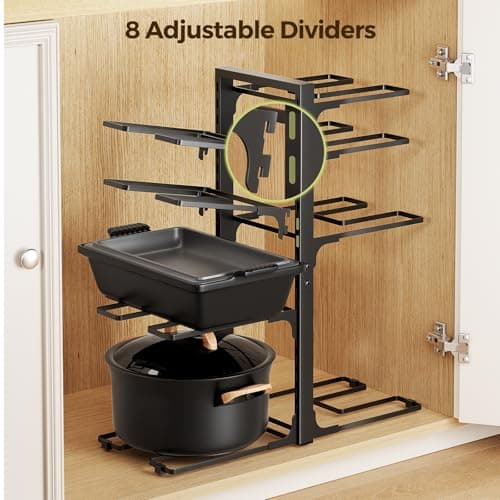 LAMU Pots and Pans Organizer under Cabinet 20.8" Height, 8 Tier Heavy Duty Pan Organizers inside Cabinet with Adjustable Pot Rack, Holds up to 120 LB for Stockpots Dutch Ovens and Cast Iron Cookware - Thumbnail 5