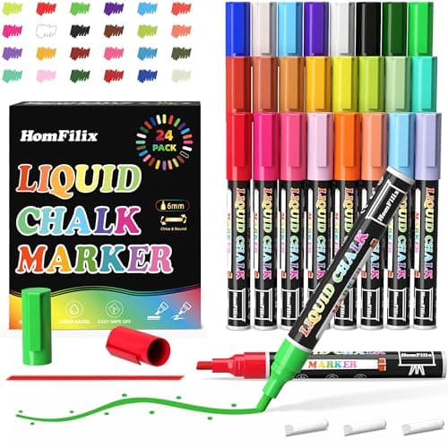 HomFilix 24-Color Liquid Chalk Markers Set, Erasable, Dust-Free, for Blackboard, Glass, Cars, Windows - Ideal for Display, Creativity, Art Projects, Dry Erase Markers