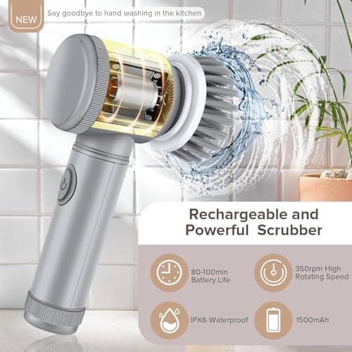 HFLYJPYW Electric Spin Scrubber - Shower Scrubber,Bathroom Scrubber Electric,for Cleaning Tub, Floor, Tile, Window, Sink, Kitchen Cleaning with 6 Electric Cleaning Brush Head (8) - Thumbnail 6