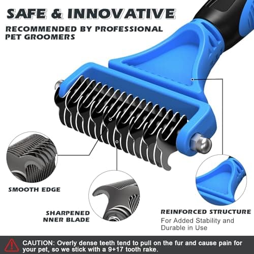 3PCS Pet Grooming Rake & Metal Comb & Flea Comb for Cats and Dogs, Double-Sided Dematting Tool, Extra-Wide Deshedding Dog Brush for Long Hair to Effectively Remove Tangles, Knots and Mats (Blue) - Thumbnail 3