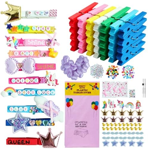 Cheer Pins Spirit Clip Kit 80 Colored Wooden Clothes Pins 200 Mini Charms Bows Gem Stickers 300 Letter Beads Pens and Disposable Tablecloth Cheer Pin Decor for Cheerleading Backpack Ribbon Gift Bulk - Image 1