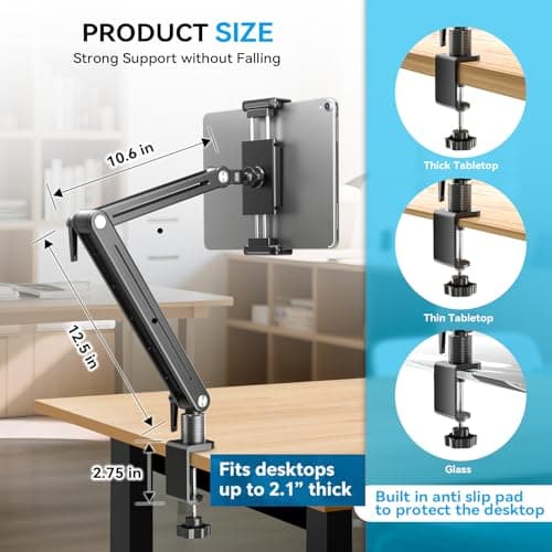 Adjustable Portable Monitor Stand 15.6" - 360° Rotating Base Tall Tablet Desk Arm Holder Stand for iPad Air/Pro/Mini Swivel Flexible Bed Clamp Mount Soporte para Tablet/Monitor Portatil/Ereader - Thumbnail 4