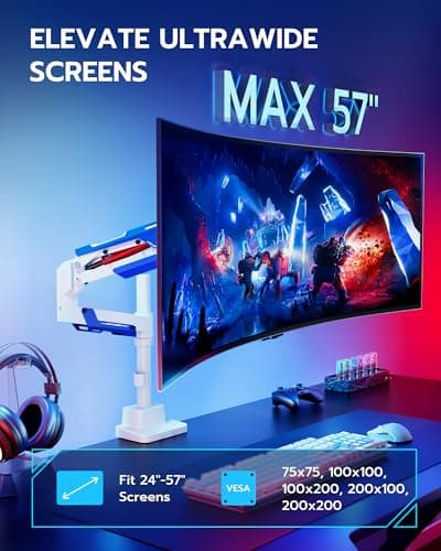 ARES WING CoreArm Single Monitor Mount, Ultrawide Monitor Arm for 24 to 57'' Heavy Duty Curved Screen, Adjustable Gas Spring Monitors Arm Stand up to 66LBS with 75/100/200 Vesa Mount, White - Thumbnail 3
