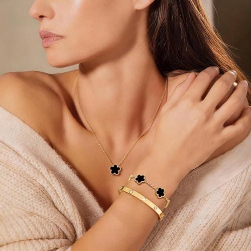 Gold Bracelets Necklace Jewelry Set - 3Pcs 18K Gold Plated Floral Bracelet,Stainless Steel Bangles, Waterproof Non-Tarnish Necklaces Daily Fashion Minimalist Jewelry,Valentines Birthday Gift for Women - Thumbnail 4