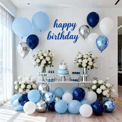Blue Silver White Balloons Arch Kit - 129pcs Navy Light Metallic Blue Silver White Latex Balloons for Birthday Wedding Bridal Shower Graduation Fathers Day Prom Party Decorations - Thumbnail 4