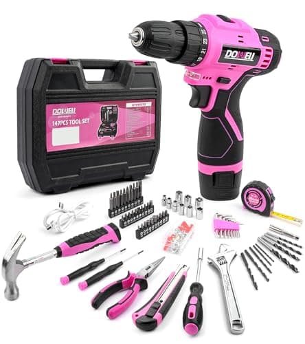 DOWELL 147 Pcs Pink Tool Kit with 12V Cordless Drill with 3/8" Keyless Chuck for Women, Home, Men, Built-in LED, Type-C Charge Cable - Image 1