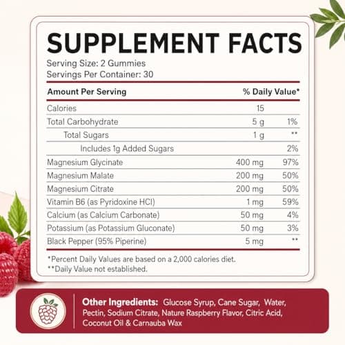 Triple Magnesium Complex Gummies for Adults, Magnesium Glycinate, Citrate, Malate with Potassium, Calcium, Vitamin B6 for Calm, Sleep & Muscle - Vegan, Raspberry, 120 Count - Thumbnail 6