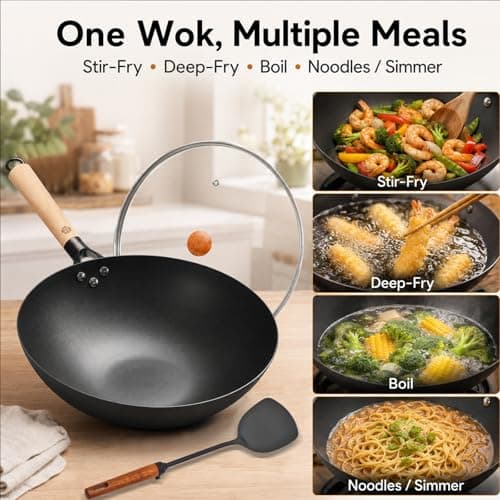 WANGYUANJI 12.6 Inch Carbon Steel Wok Pan with Glass Lid and Spatula, Nitrided Flat Bottom Stir Fry Pan, Uncoated Chinese Iron Wok for Gas, Electric, Ceramic and Induction Cooktops - Thumbnail 6