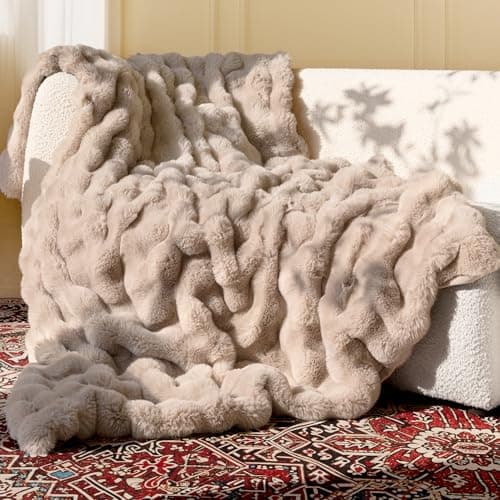 blunique Ultra Soft Cozy Faux Fur Throw Blanket, Fuzzy Plush Thick Bubble Blanket, Oversize Luxury Fluffy Blanket for Couch, Sofa, Bedroom, and Living Room, 50x60 Inches, Light Brown - Image 1
