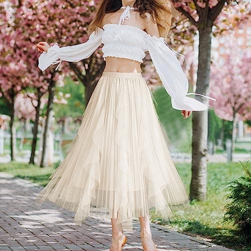 Women's Tulle Skirt A-Line Long Fairy Skirts Elastic Waist Layered Skirts Midi Skirts for Formal Party - Thumbnail 2