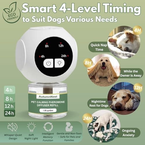 Dog Calming Pheromone Diffuser Kit with Timer – 2 Plug-Ins + 4 Refills – Smart 4-Level Timing Calming Aid – Stress Relief for Dogs – Help with Anxiety, Barking, Fighting, Thunder, Travel, Vet Visits - Thumbnail 2