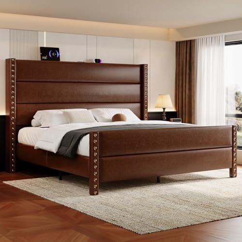 Uteeran King Size Bed Frame with Storage Shelf & Charging Station, 55" Tall Headboard & 25.6" Footboard, Faux Leather Upholstered Platform Bed with Big Rivets Wingback, Heavy Duty & Noise-Free, Brown