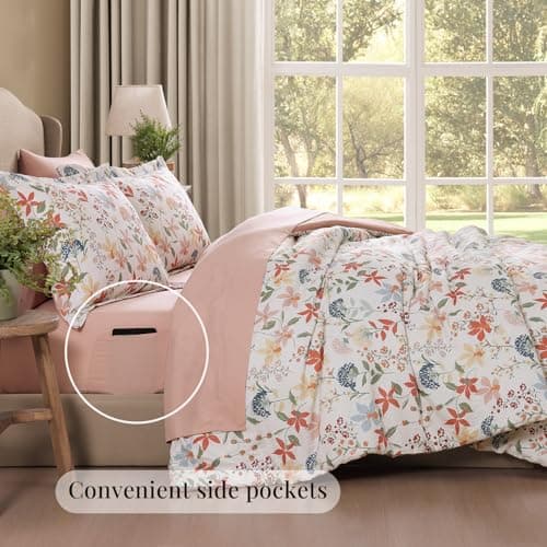 CASAAGUSTO King Comforter Set, 7 Pieces Bed in a Bag King Clay Pink Floral Comforter Set with Flowers Leaves Pattern, Soft Seersucker Design All Season King Size Bedding Set - Thumbnail 4