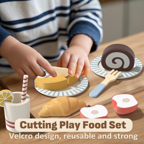 Lehoo Castle Wooden Play Food Set, Toy Food for Toddlers 1-3, Pretend Play Kitchen Accessories, Cutting Food Toys, Montessori Sorting Toys for Kids 3-5 Girls Boys - Thumbnail 3
