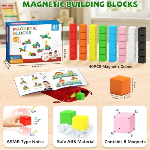 Hiwawind 40pcs Magnetic Blocks -Ideal Gifts for 3 4 5 6 Year Old,STEM Learning Toys for 3-5 Year Old Boys & Girls, Safe & Strong Building Blocks with ASMR Sounds,Classroom Must Haves - Thumbnail 2