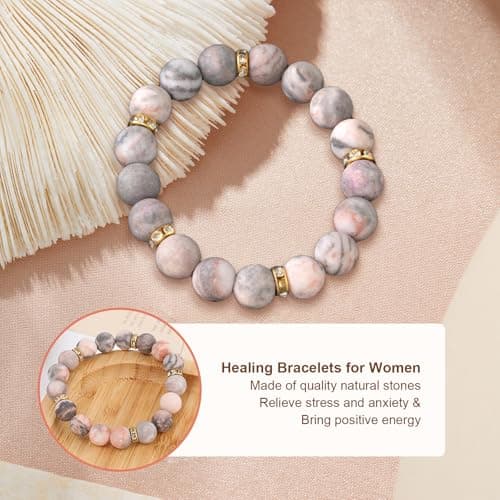 PNNY AMDA Healing Bracelets for Women: Beaded Stretch Bracelets 10MM Natural Stone Healing Calming - Anxiety and Stress Relief Gifts for Women (Pink Zebra) SL-BIRTH-JIN - Thumbnail 3