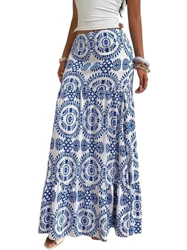 ZAFUL Women’s Summer Boho Maxi Skirts Bohemian Print Smocked High Wasited Flowy Tiered Ruffle Long Beach Skirt 2-Blue&White M - Image 1