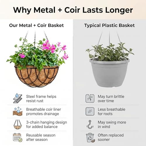 Kingbuy 12 Inch Metal Hanging Planter Basket with Coconut Fiber Liner Round Wire Hanging Plant Flower Pot for Home Garden Patio Decoration, Grid Pattern, 2 Pack - Thumbnail 3