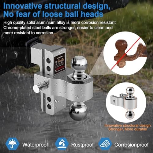 Vullteeon Adjustable Trailer Hitch-Drop Hitch for 2 inch Receiver, 6 Inch Drop/Rise, 2" & 2-5/16" Ball Hitches 12,500 LBS GTW, Aluminum Truck Hitches with Two Anti-Theft Pins Locks - Thumbnail 5