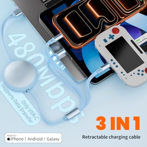 Multi Charging Cable,1Pack 4Ft Retractable Multi Charger Cable,3 in 1 Multiple Charging Cord, 3 in 1 Multi USB Cable with iPhone/Type-C/Micro USB Ports for Cell Phones/IP/Galaxy/PS/Tablets/iPads,Blue - Thumbnail 6