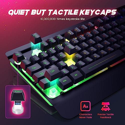 Wired Gaming Keyboard and Mouse Combo, 104 Keys All-Metal Panel Rainbow Computer Keyboard with Multimedia Keys Wrist Rest and LED Backlit Gaming Mouse 4200 DPI for Windows PC Gamers (Black) - Thumbnail 5