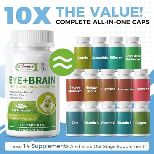 Eye + Brain Supplements for Memory and Focus, Lutein 40mg, Zeaxanthin, Astaxanthin, Bilberry, Lion’s Mane, Bacopa Monnieri, Ginkgo Biloba, 14 in 1 Eye Vitamins for Adults & Seniors 120 Capsules - Thumbnail 6