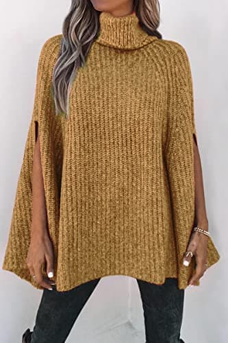 KIRUNDO Women's 2026 Fall Winter Turtleneck Poncho Sweater Fashion Chunky Knit Cape Wrap Sweaters Pullover Jumper Tops(Yellow Camel, Medium) - Thumbnail 4