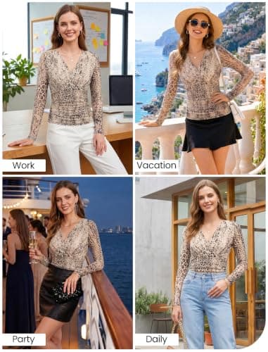 Arolina Dressy Tops for Women 2026 Wrap Long Sleeve Mesh V Neck Blouses - Thumbnail 2