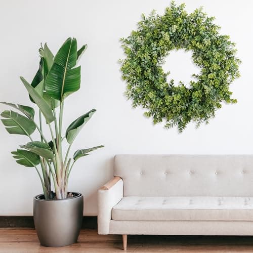 Wreaths for Front Door 28", Door Spring Wreath with Eucalyptus Boxwood Leaves, Greenery Wreath Door Decoration for Spring Summer All Season Home and Outdoor - Thumbnail 6