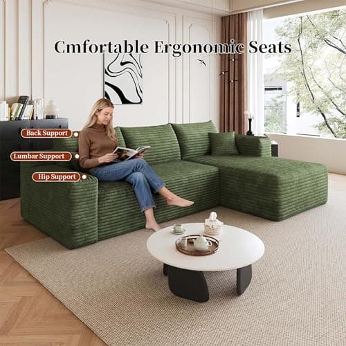 96" Cloud Sectional Small Couches for Small Space, L Shaped Sofa Green Corduroy Modular Boneless Couch with Chaise Deep Seat for Apartment and Livingroom, No Assembly Required (Right Facing Chaise) - Thumbnail 4