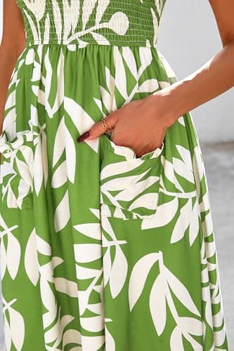 PRETTYGARDEN Womens Summer Dresses 2026 Casual Spaghetti Strap Ruffle Smocked Flowy Floral Spring Maxi Dress with Pocket(Leaves Light Green,Medium) - Thumbnail 6