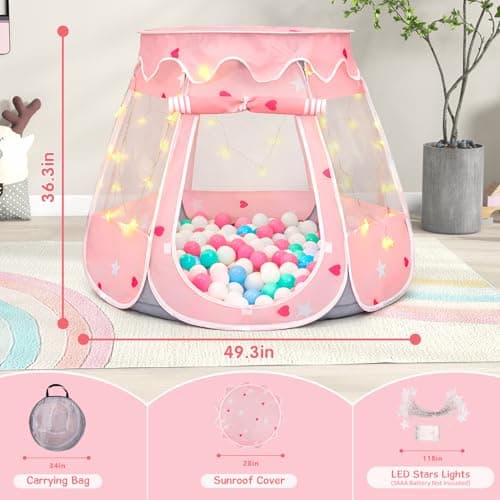 Pop Up Princess Tent with Star Lights for 1 2 3 Year Old Girl Birthday Gifts, Ball Pit for 12-18 Months Baby Girl Toys, Toddler Gifts with Carrying Bag, Indoor&Outdoor Play Tent for Kids (Pink Gray) - Thumbnail 4