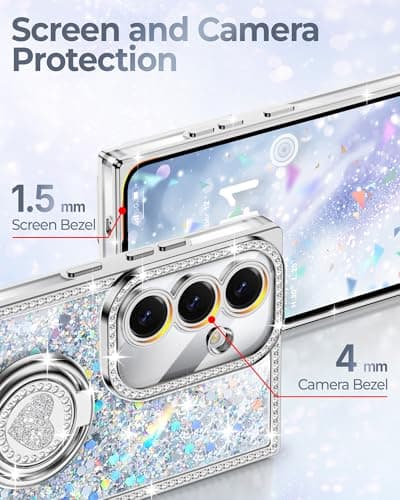 XYZ for Galaxy S25 Case, Glitter Bling S24 Phone Cover with 2-Ring Heart Stand & Lanyard, Women Girls Luxury Rhinestone Shockproof Protective Case para Samsung S25/S24, Silver - Thumbnail 4