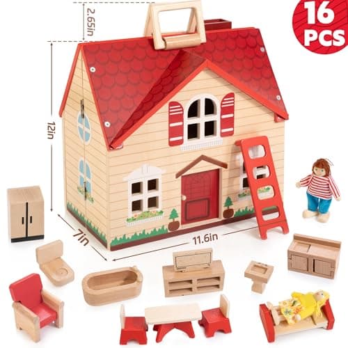 Foldable Wooden Dollhouse with 13PCS Furniture, 4 Rooms and 2 Flexible Dolls, Pretend Play Doll House Set with Portable Handle, Christmas Birthday Gift for Boys Girls Age 3+ - Thumbnail 5