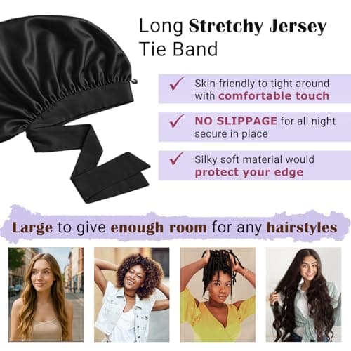 Women's Silky Bonnet - Long Tie Sleep Cap, Curly/Natural Hair, Adj. Night Hat, +10 Scrunchies, Mom/Wife - Thumbnail 3