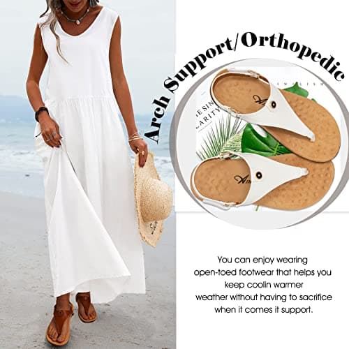 Athlefit Women's Comfortable Orthopedic Sandals Thong Dressy T-Strap Orthotic Casual Summer Arch Support White Sandals size 5.5 - Thumbnail 4