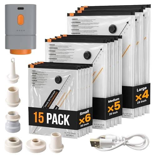 15 Pack Vacuum Storage Bags with Rechargeable & Portable Electric Pump (6 Small, 5 Medium, 4 Large) - Vacuum Seal Bags for Clothing Travel - Vacuum Bags for Travel, Blankets, Clothes & Luggage - Thumbnail 2