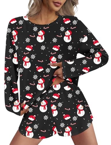 JUSTFASHIONNOW Womens Christmas Pjs Pajamas Set 2 Piece Lounge Set Women Snowman Printed Short Sleeve Split Shorts Sets Casual Xmas Shorts Sets Comfy Loungewear Outfits (Black, XX-Large) - Thumbnail 2