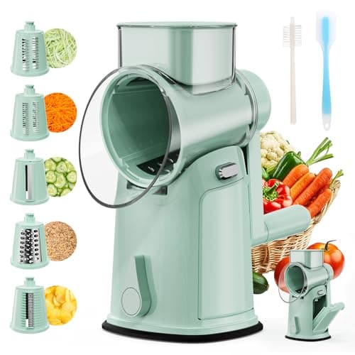 YSEPOZ 7 IN 1 Upgraded Rotary Cheese Grater with Handle – Vegetable Shredder with Built-in Storage Blade Slot, 5 Versatile Blades, Strong Suction Base Round Mandoline Slicer, Food Chopper for Kitchen - Image 1