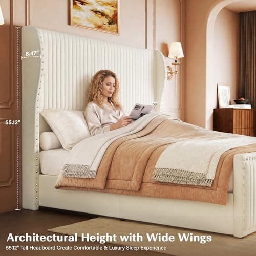 Belffin Queen Bed Frame with 55.1" Tall Headboard, Upholstered Soft Velvet Platform Bed with Nailhead Trim Wingback Design, Strong Wooden Slats, No Box Spring Needed, Noise-Free, Easy Assembly, White - Thumbnail 5
